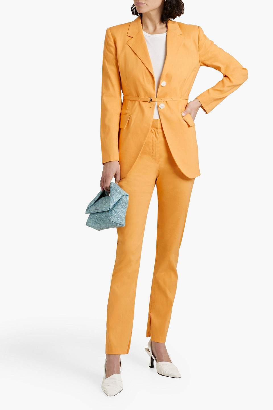 Shop Derek Lam 10 Crosby Belted Linen-blend Blazer In Saffron