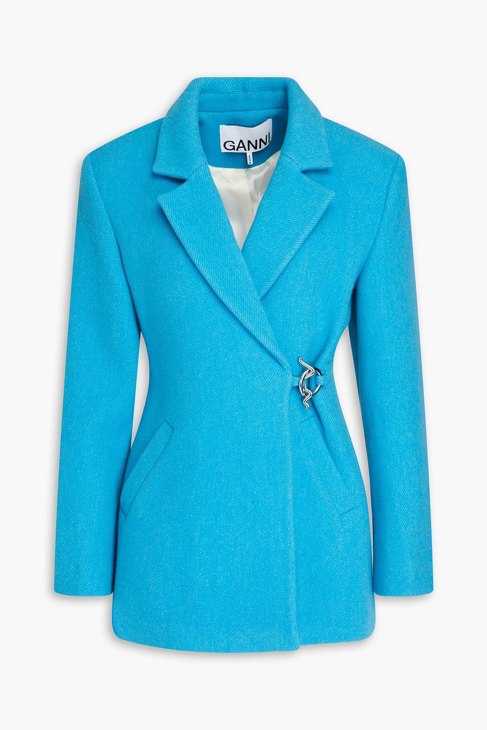 Ganni Long Sleeve Twill Wool Suiting Blazer In Turquoise