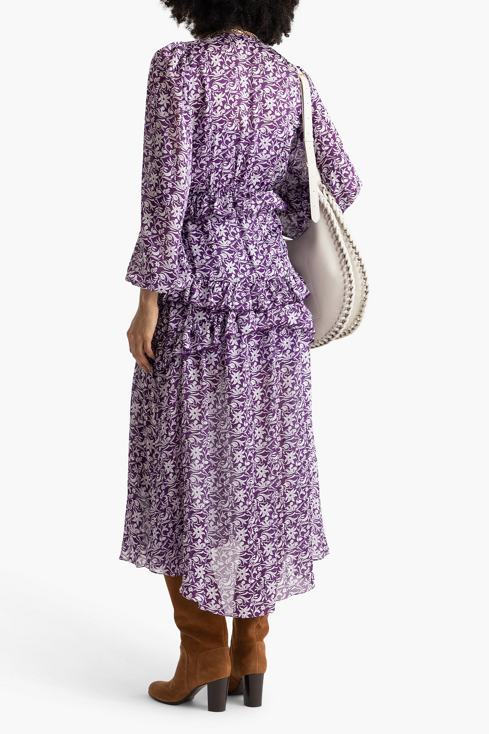 Maje Ruffled Floral-print Chiffon Midi Dress In Purple