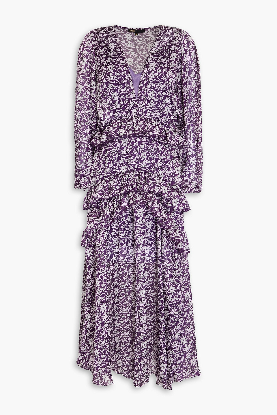 Maje Ruffled Floral-print Chiffon Midi Dress In Purple