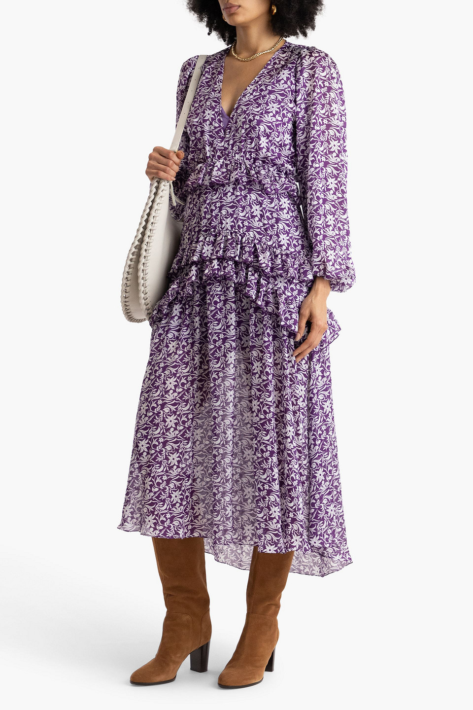 Maje Ruffled Floral-print Chiffon Midi Dress In Purple