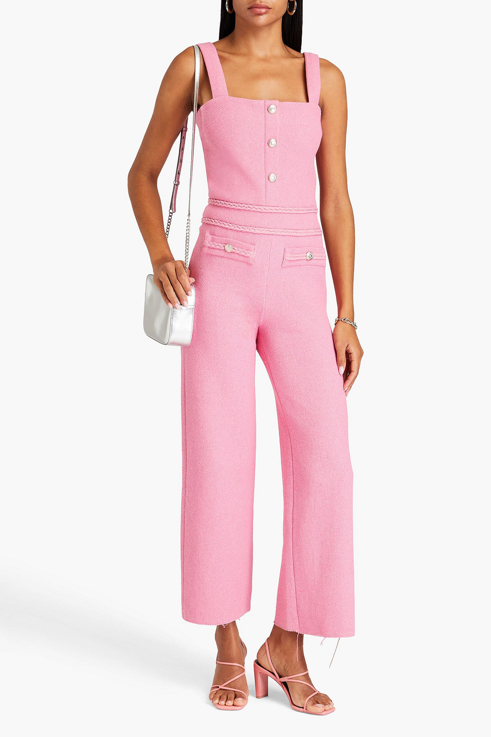 Shop Maje Bouclé-tweed Jumpsuit In Pink