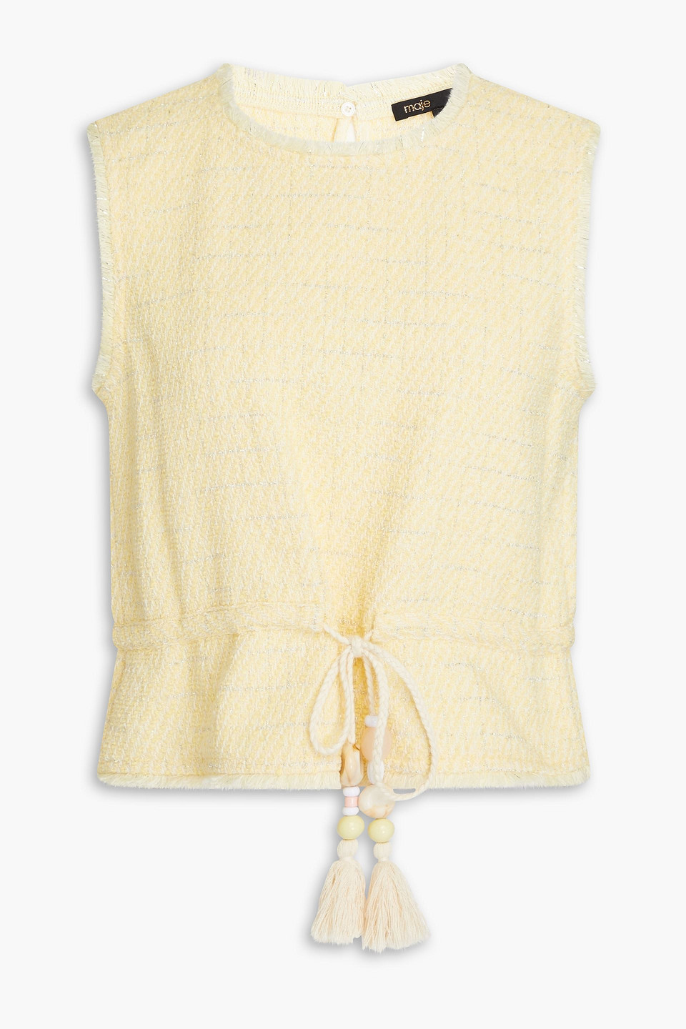 Maje Metallic Cotton-blend Bouclé-tweed Top In Pastellgelb