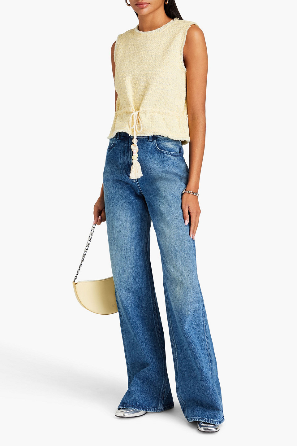 Maje Metallic Cotton-blend Bouclé-tweed Top In Pastellgelb
