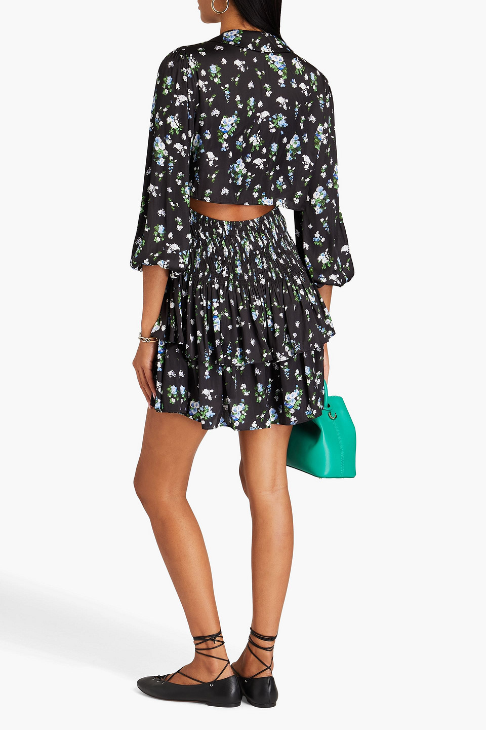 Shop Maje Cutout Floral-print Satin Mini Shirt Dress In Black
