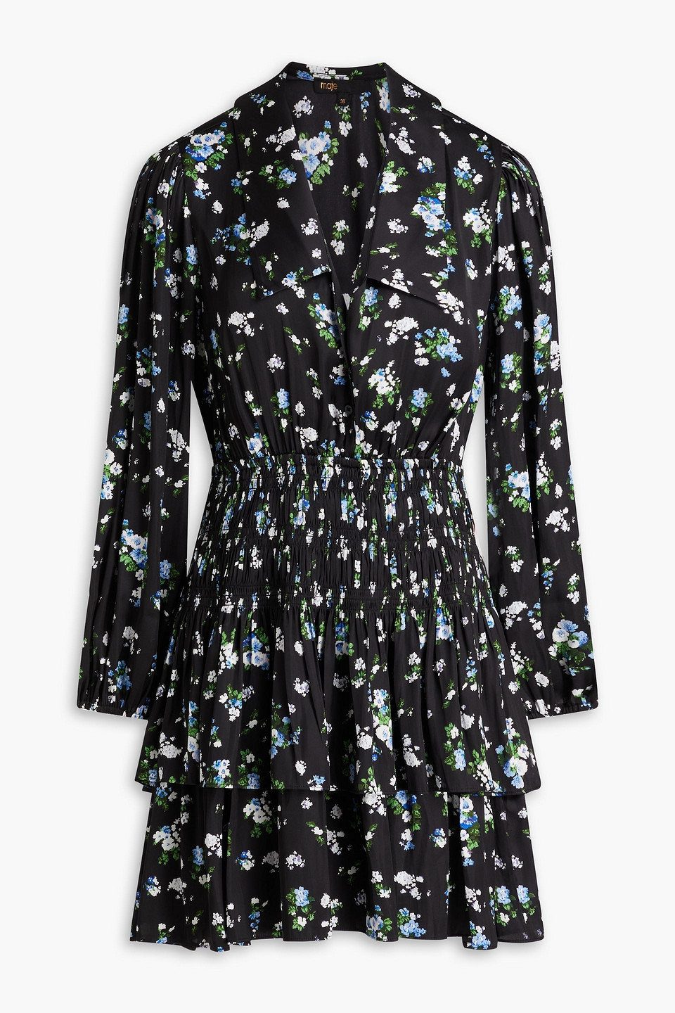 Maje Cutout Floral-print Satin Mini Shirt Dress In Black