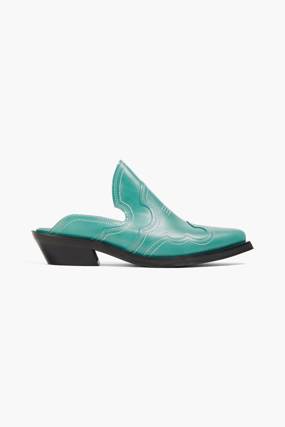 Ganni Embroidered Leather Mules In Teal