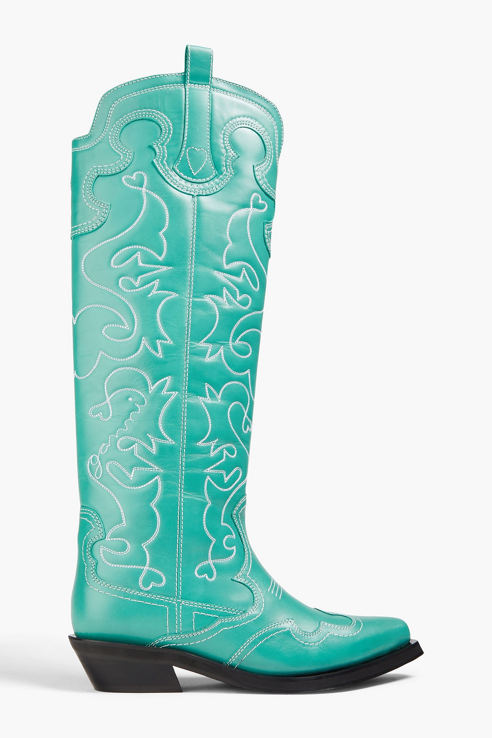 Ganni Knee High Embroidered Western Boot In Teal