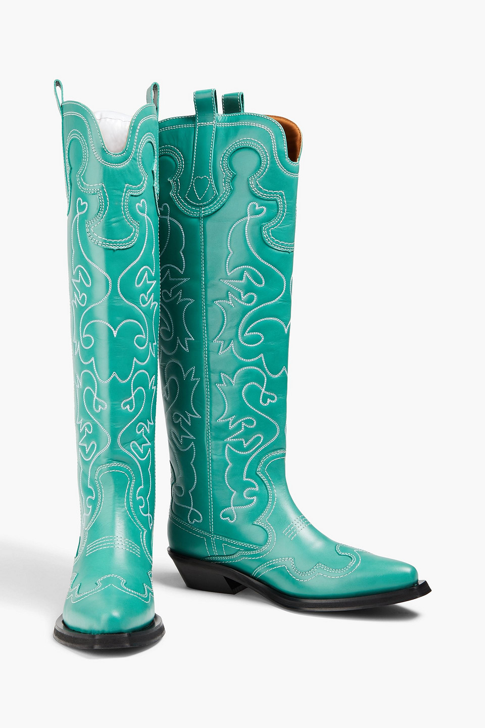 Ganni Bestickte Westernstiefel Aus Leder In Teal