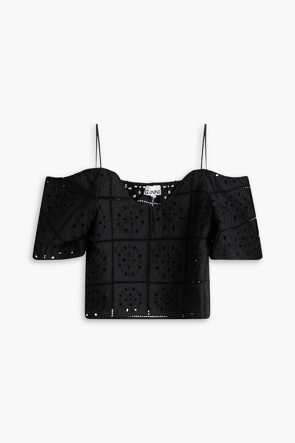 GANNI - Cold-shoulder broderie anglaise cotton top - Black - DE 42
