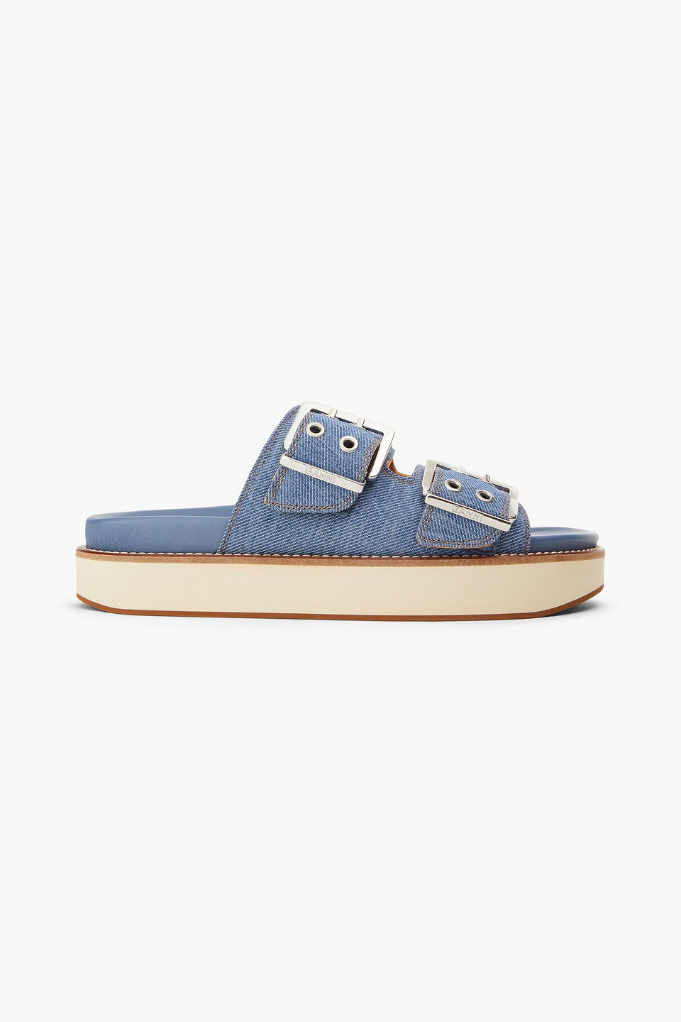Ganni Wide Welt Dual-buckle Slide Sandals In Blau