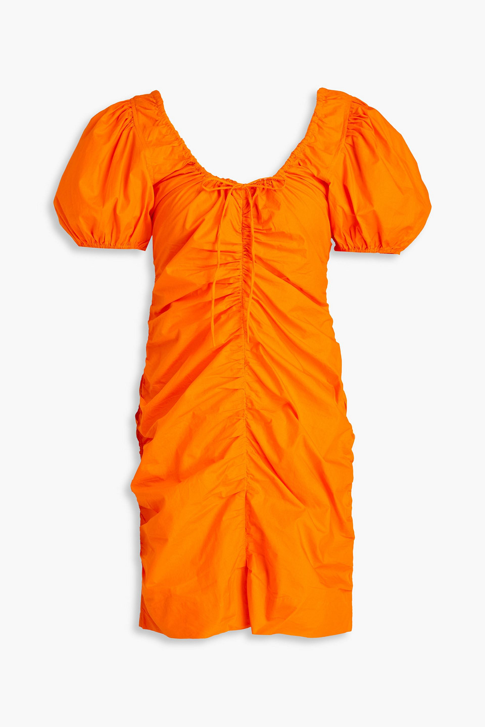 Ganni Bow-detailed Ruched Cotton-poplin Mini Dress In Orange
