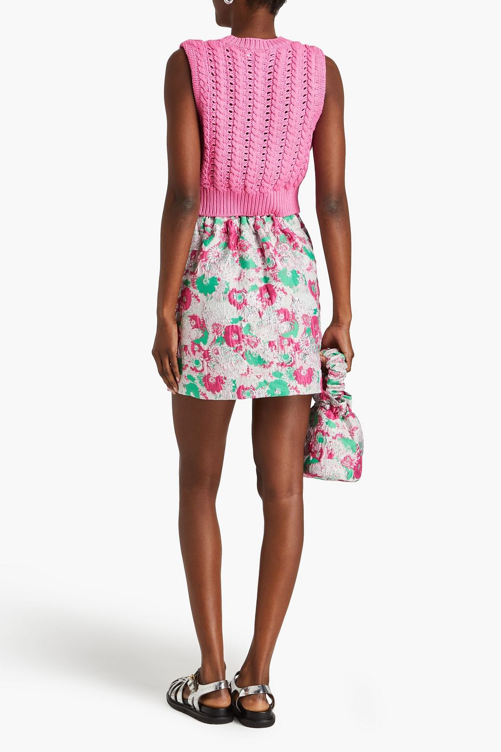 GANNI Cropped jacquard and pointelle-knit vest