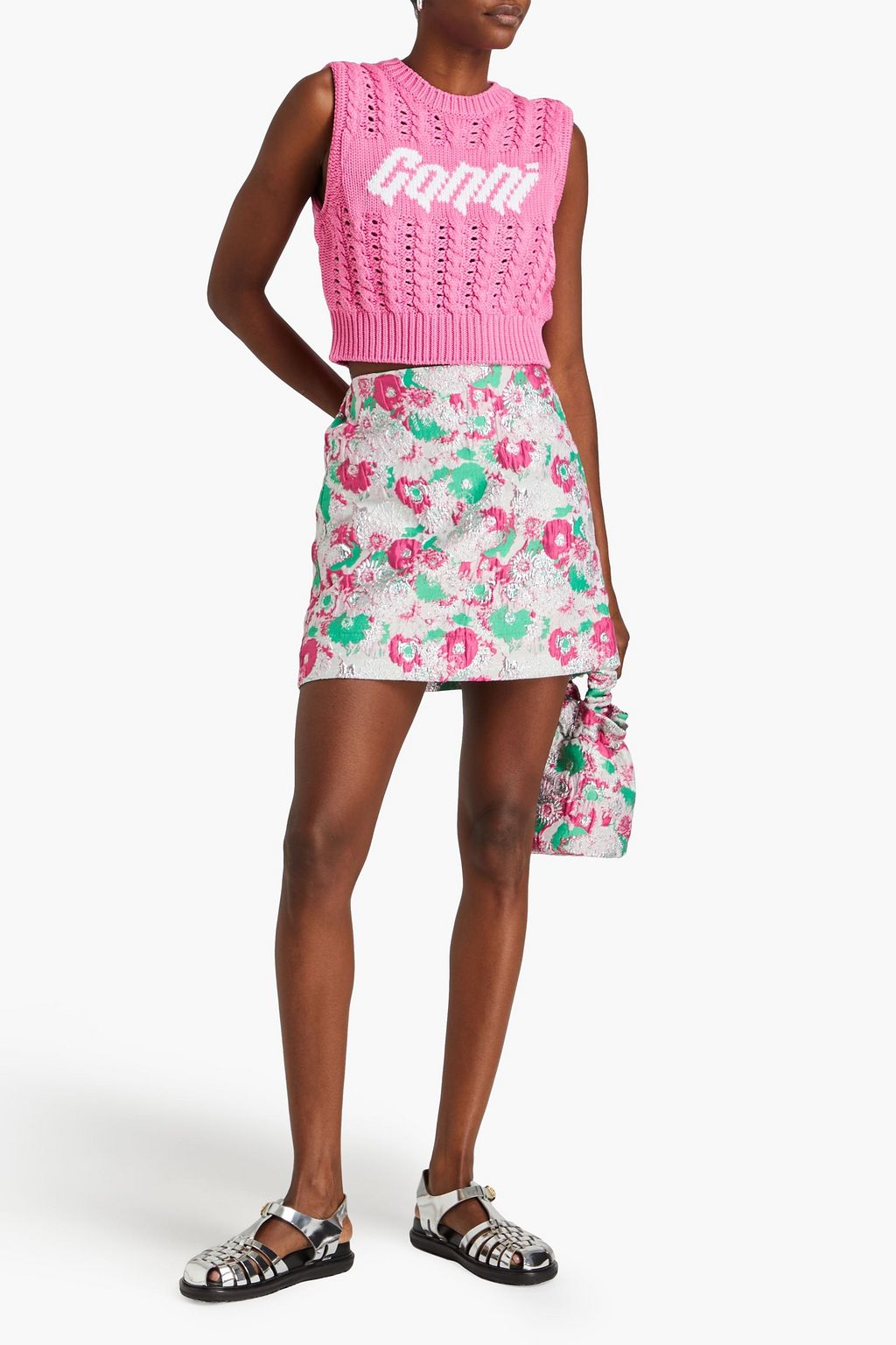 GANNI Cropped jacquard and pointelle-knit vest