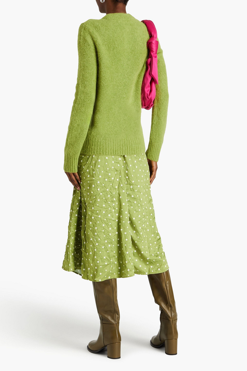 GANNI CRINKLED POLKA-DOT SATIN MIDI SKIRT