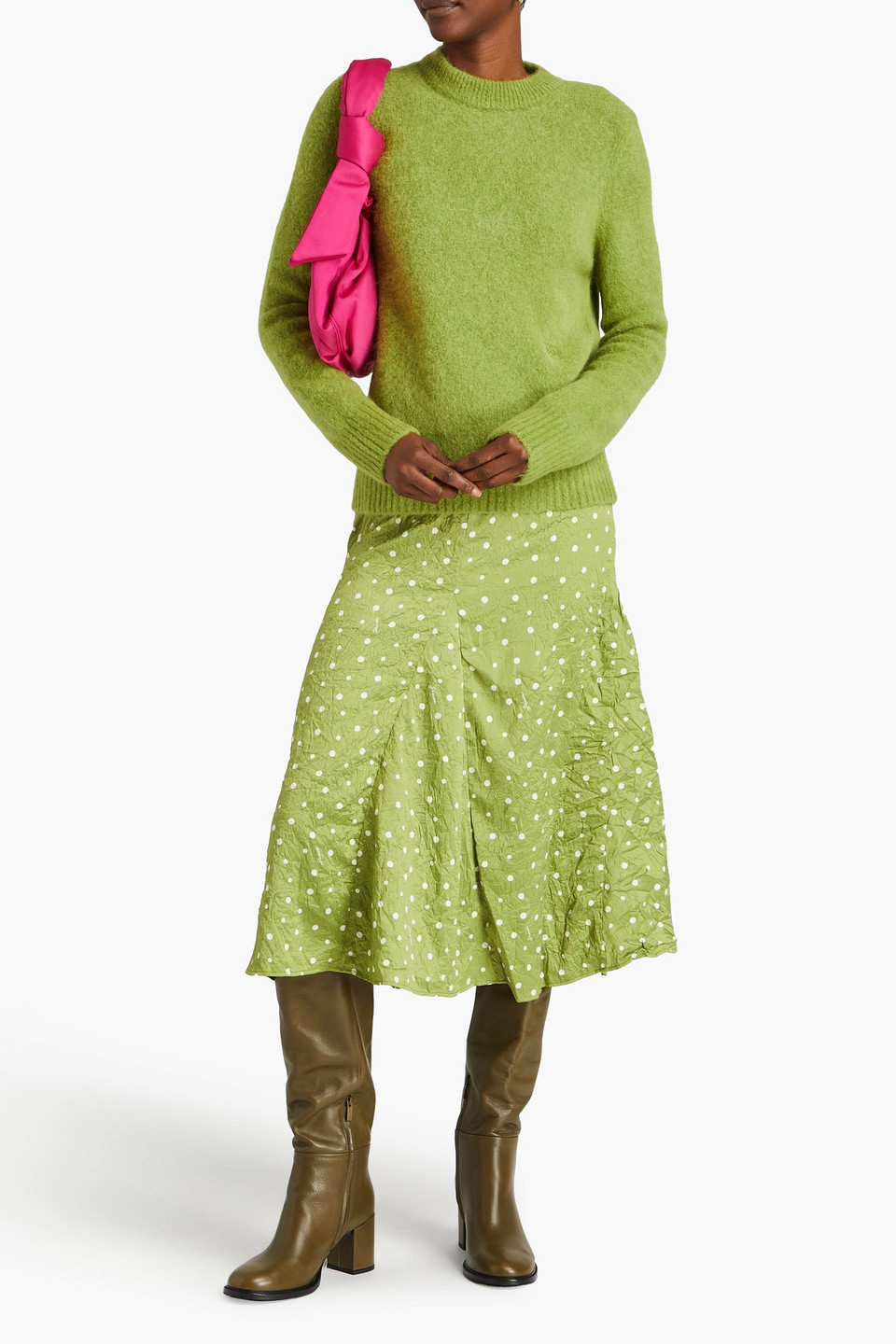 GANNI CRINKLED POLKA-DOT SATIN MIDI SKIRT