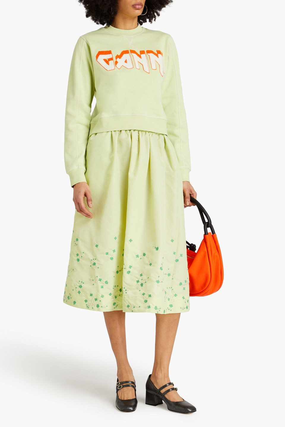 Shop Ganni Embellished Taffeta Midi Skirt In Light Green