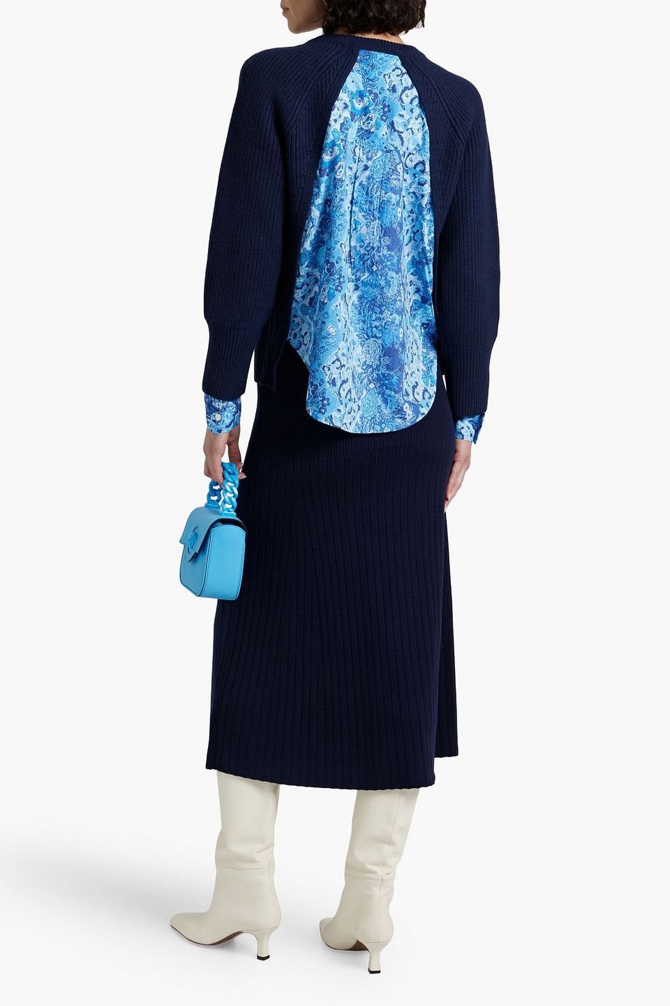 Derek Lam 10 Crosby Printed Crepe-paneled Wool Sweater In Navy