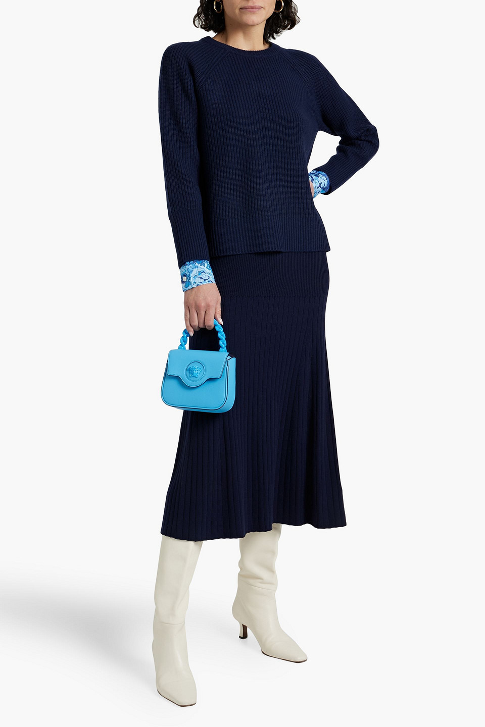 Derek Lam 10 Crosby Printed Crepe-paneled Wool Sweater In Navy