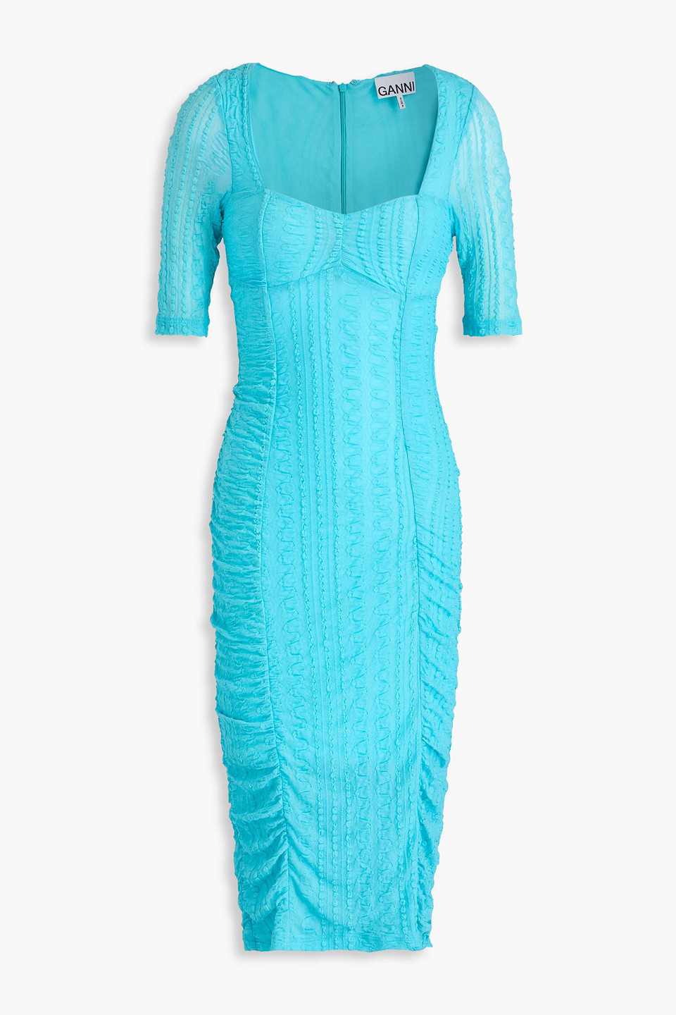 Ganni Short Sleeve Stretch Lace Ruched Midi Dress In Turquoise