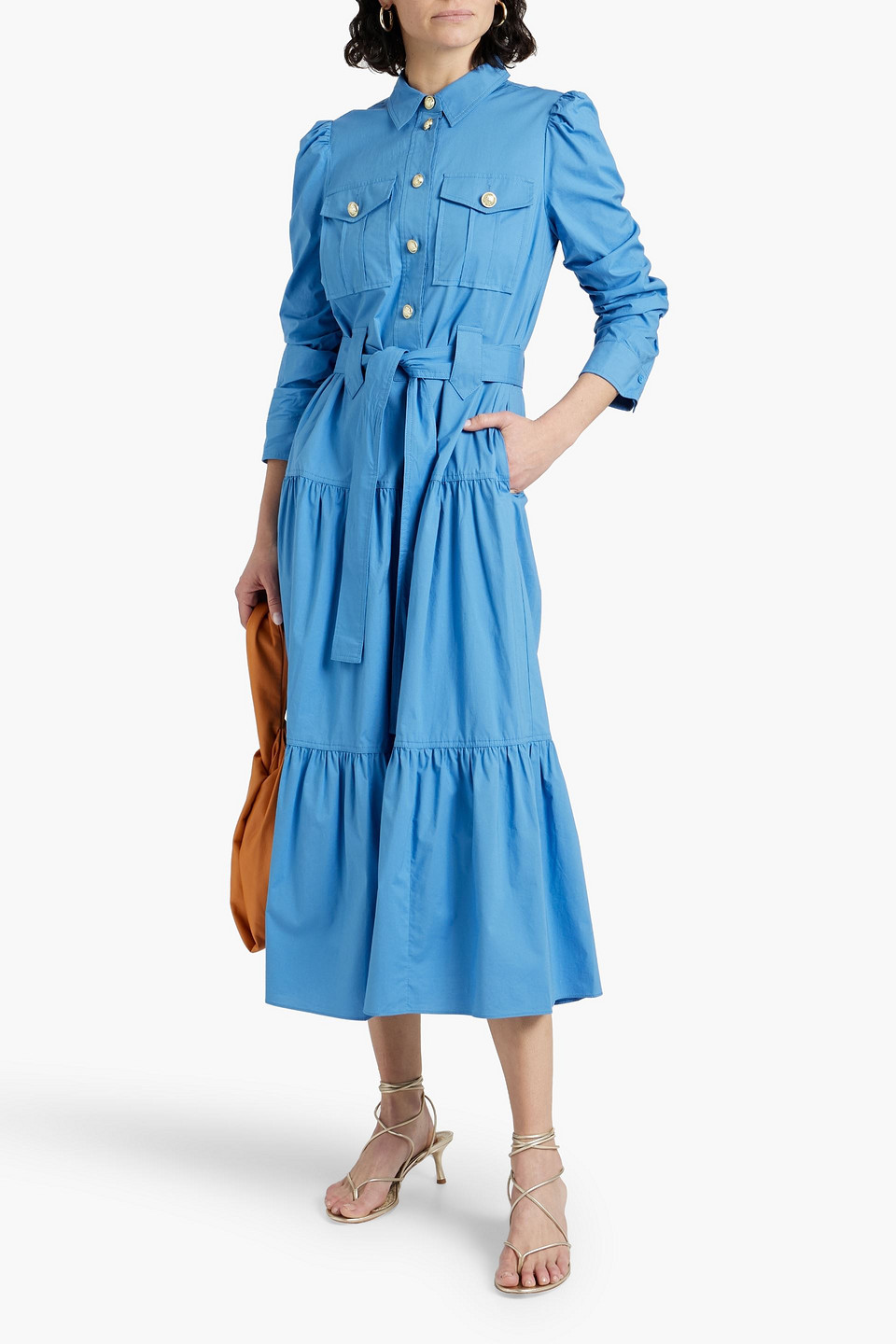 Derek Lam 10 Crosby Belted Tiered Cotton-blend Poplin Midi Shirt Dress In Light Blue