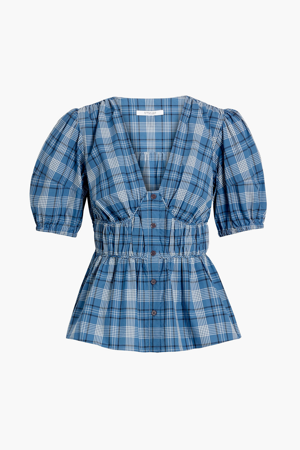 Derek Lam 10 Crosby Shirred Checked Cotton-poplin Top In Blue