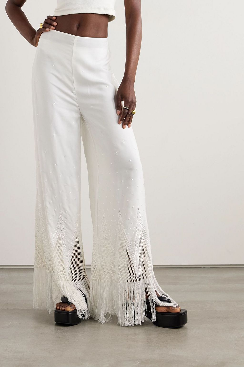 STELLA MCCARTNEY Fringed macramé-trimmed embroidered satin wide