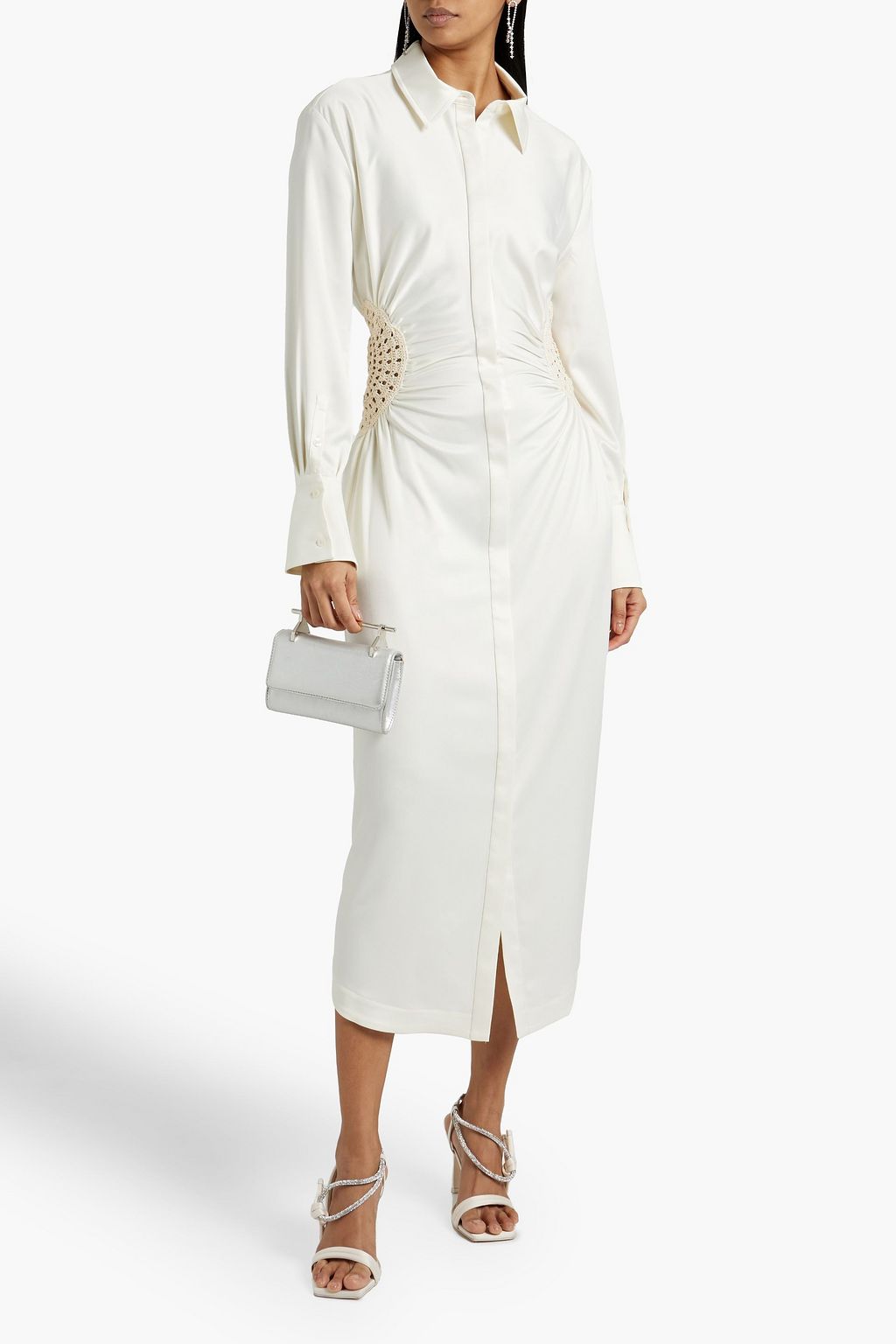 SIMKHAI Rhoda crochet-trimmed satin-crepe midi shirt dress