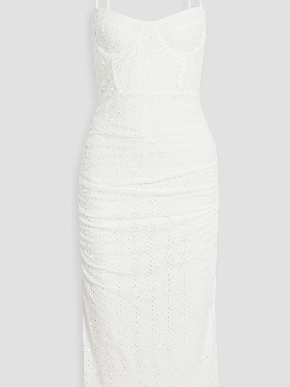 ruched broderie anglaise midi dress