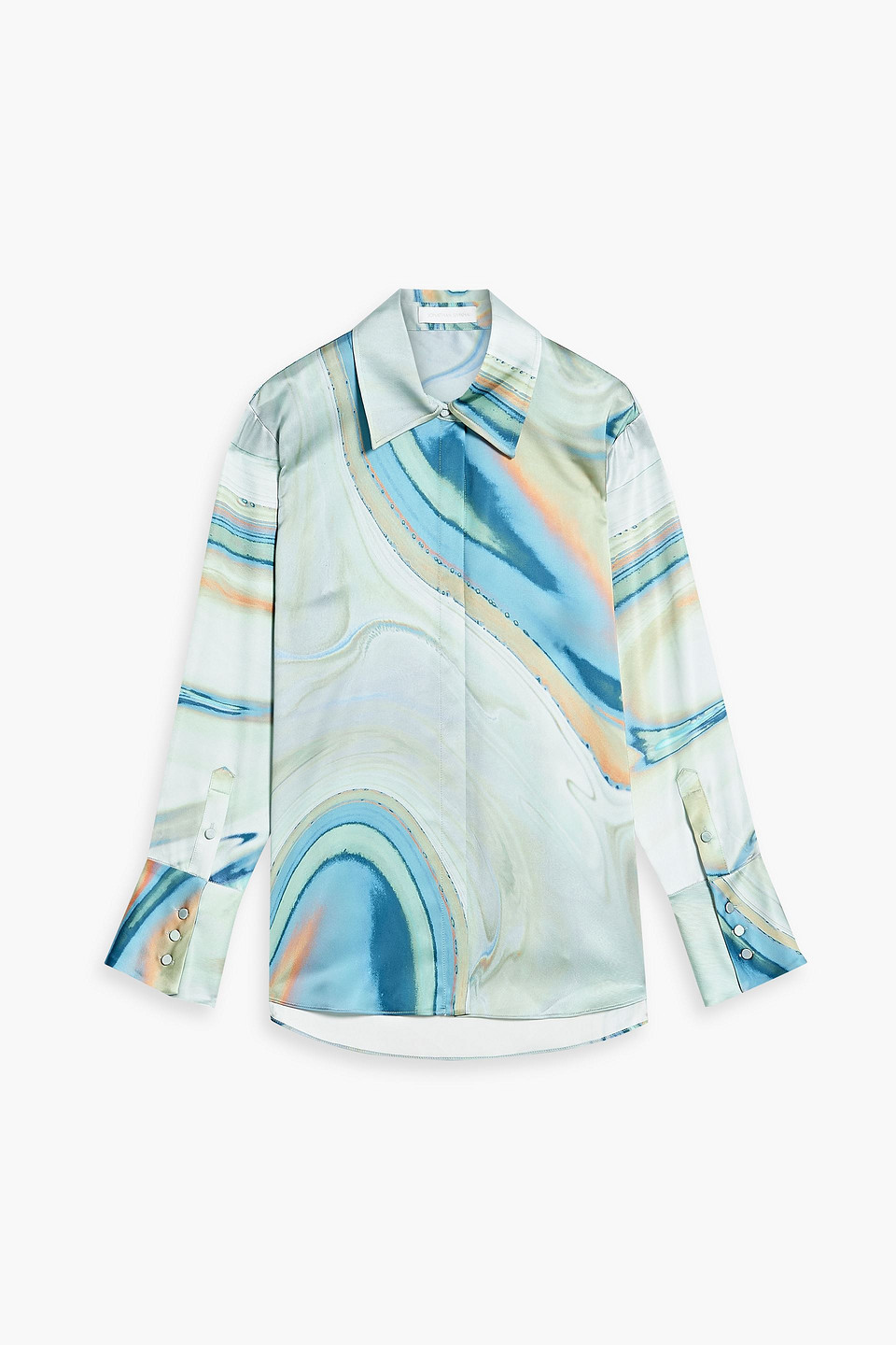 Simkhai Elika Marble Print Satin Button-up Shirt In Grey Green