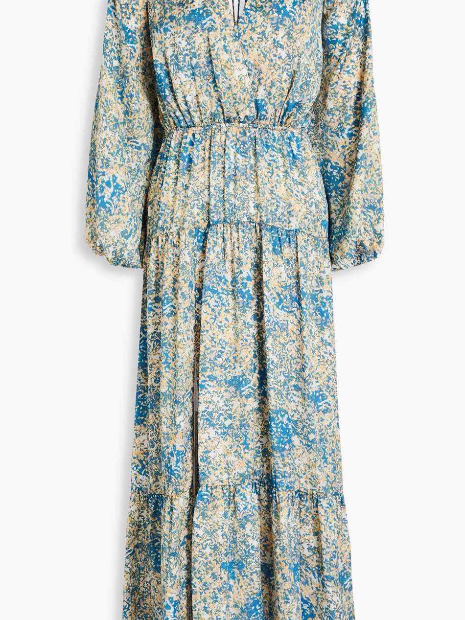 tiered printed satin midi dress