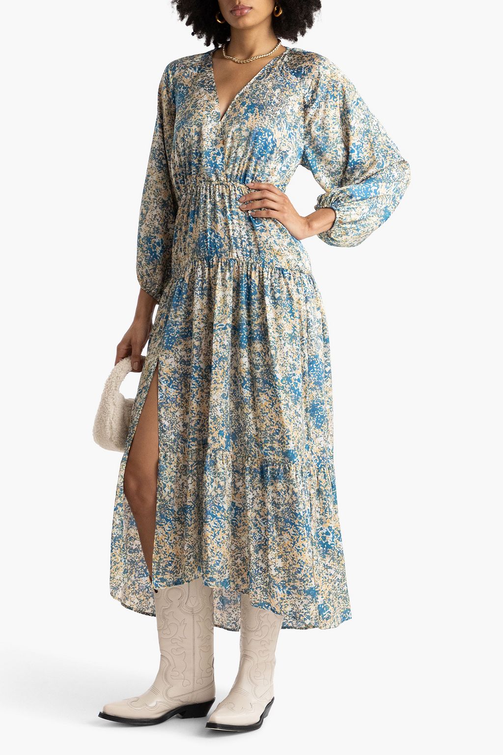 MAJE Tiered printed satin midi dress