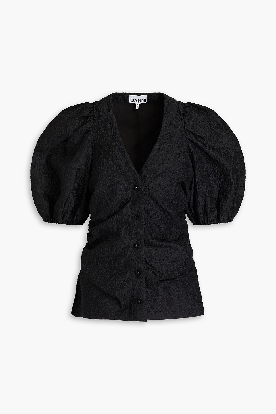 Ganni Puff-sleeve Jacquard Blouse In Black