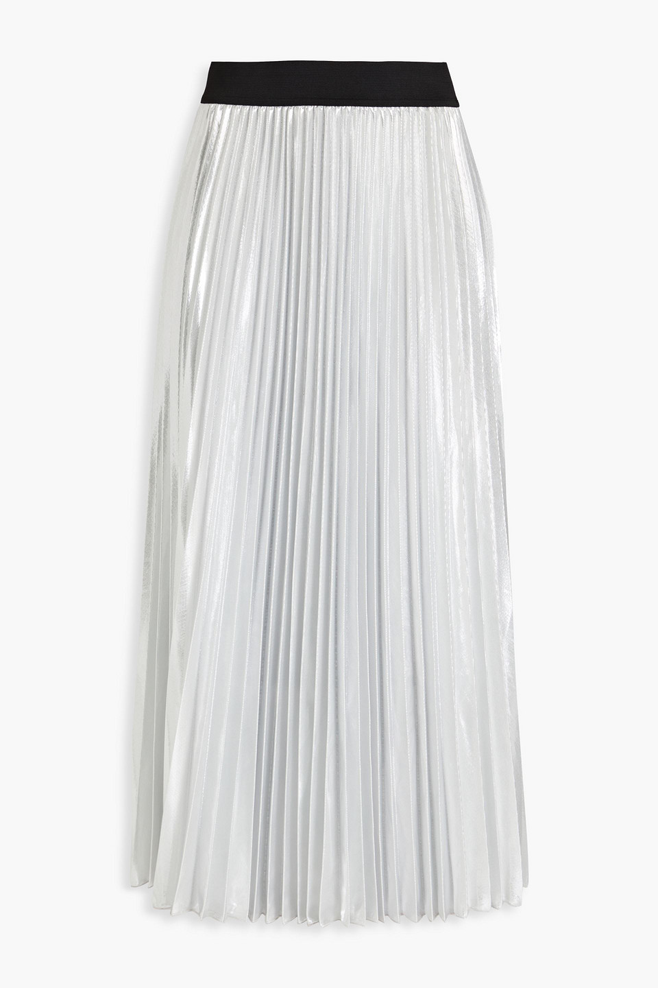 Maje Pleated Metallic Satin Midi Skirt In Silver