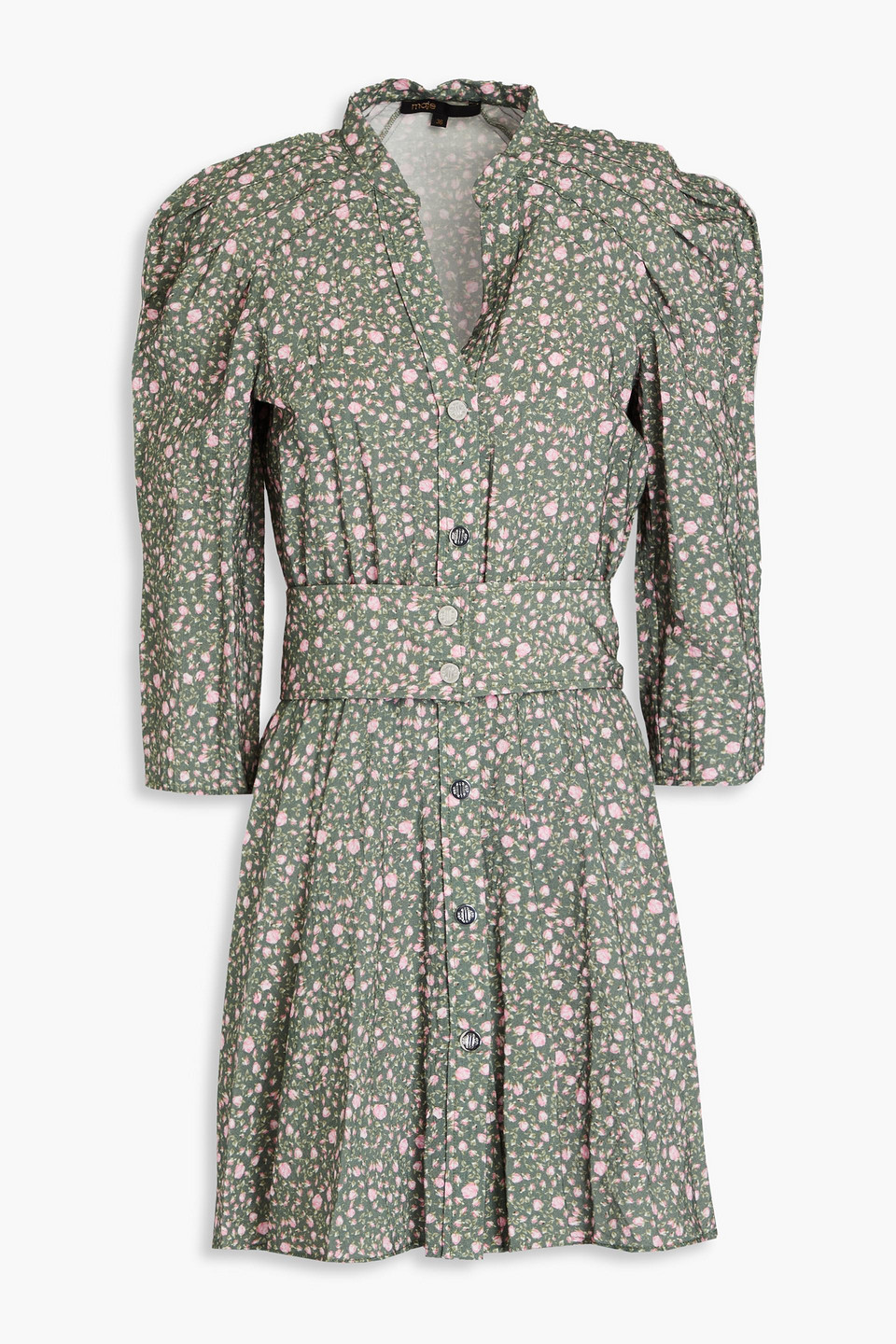 Maje Pleated Floral-print Woven Mini Dress In Grey Green