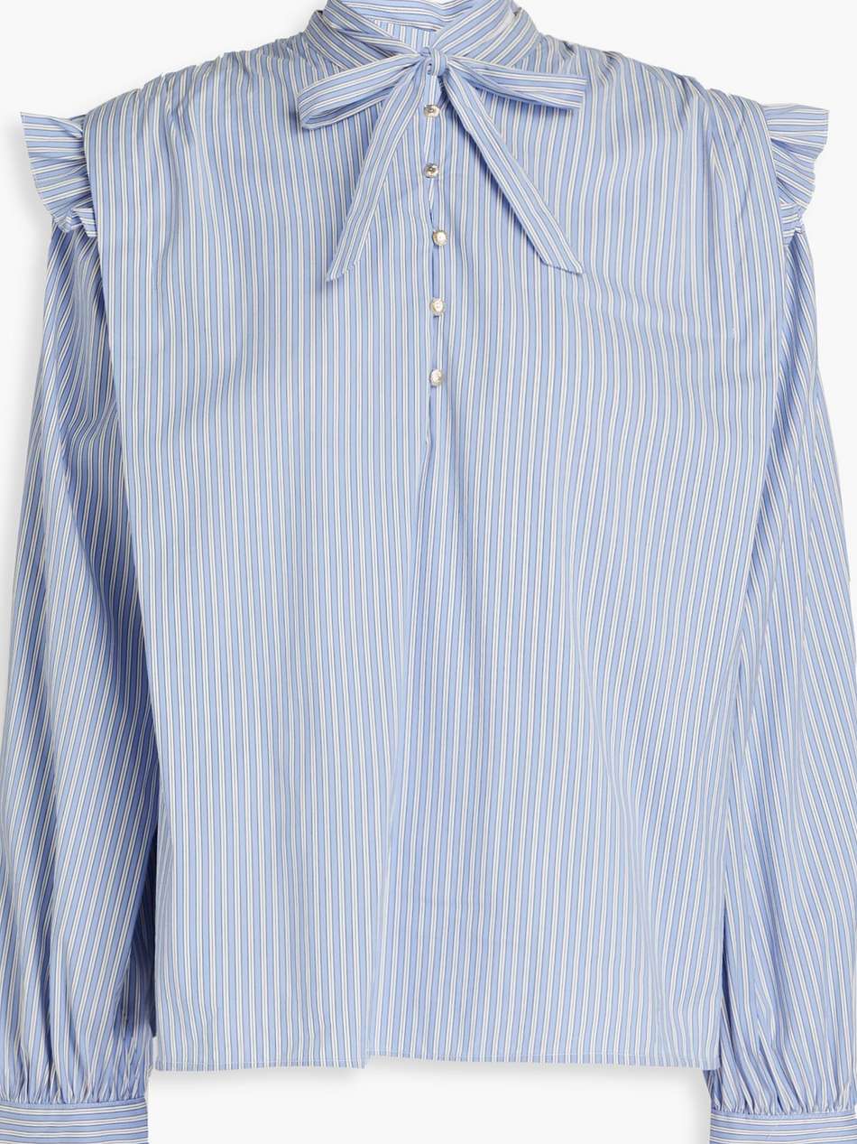 pussy-bow striped cotton-blend blouse