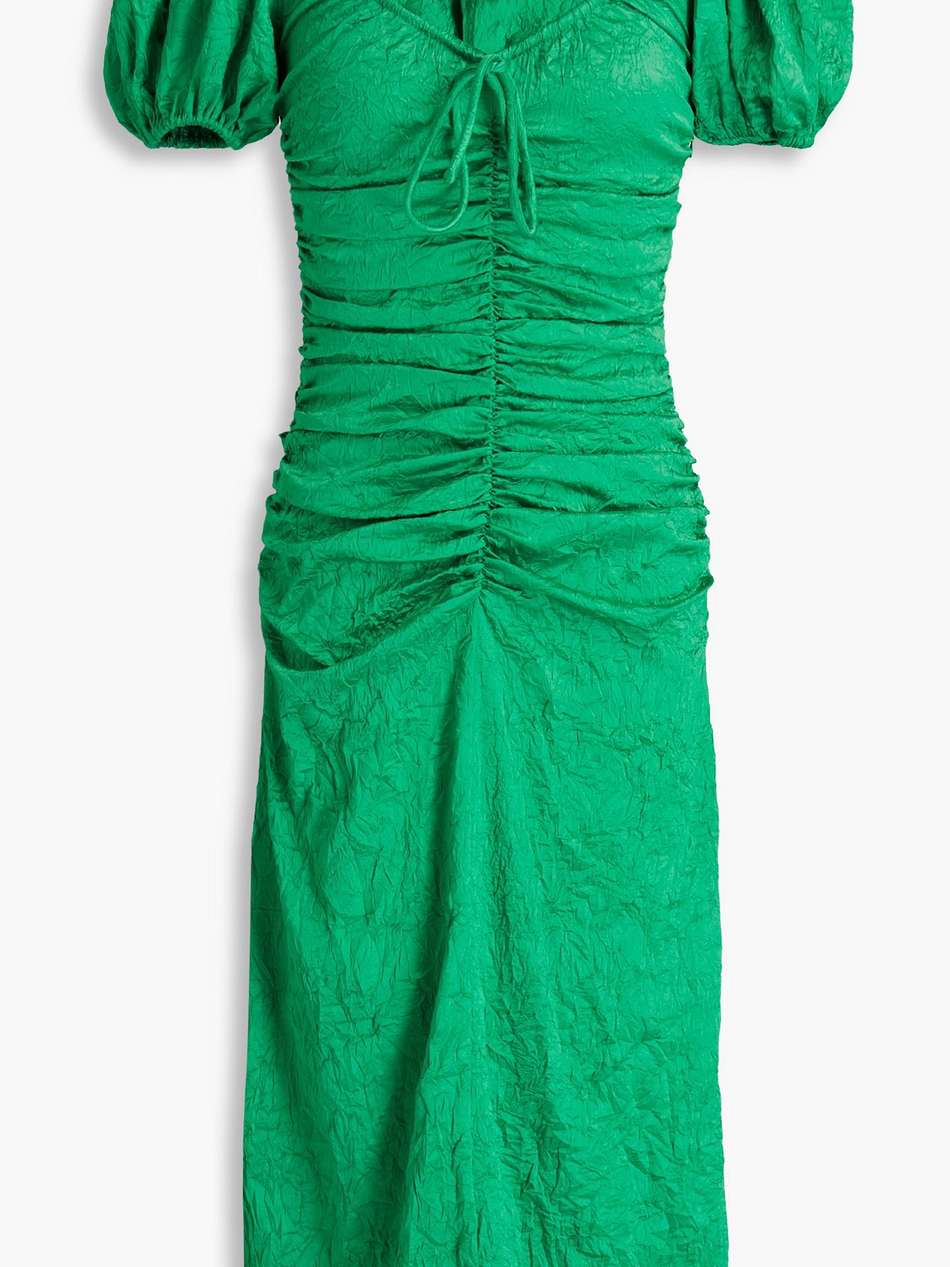 ruched crinkled-satin midi dress