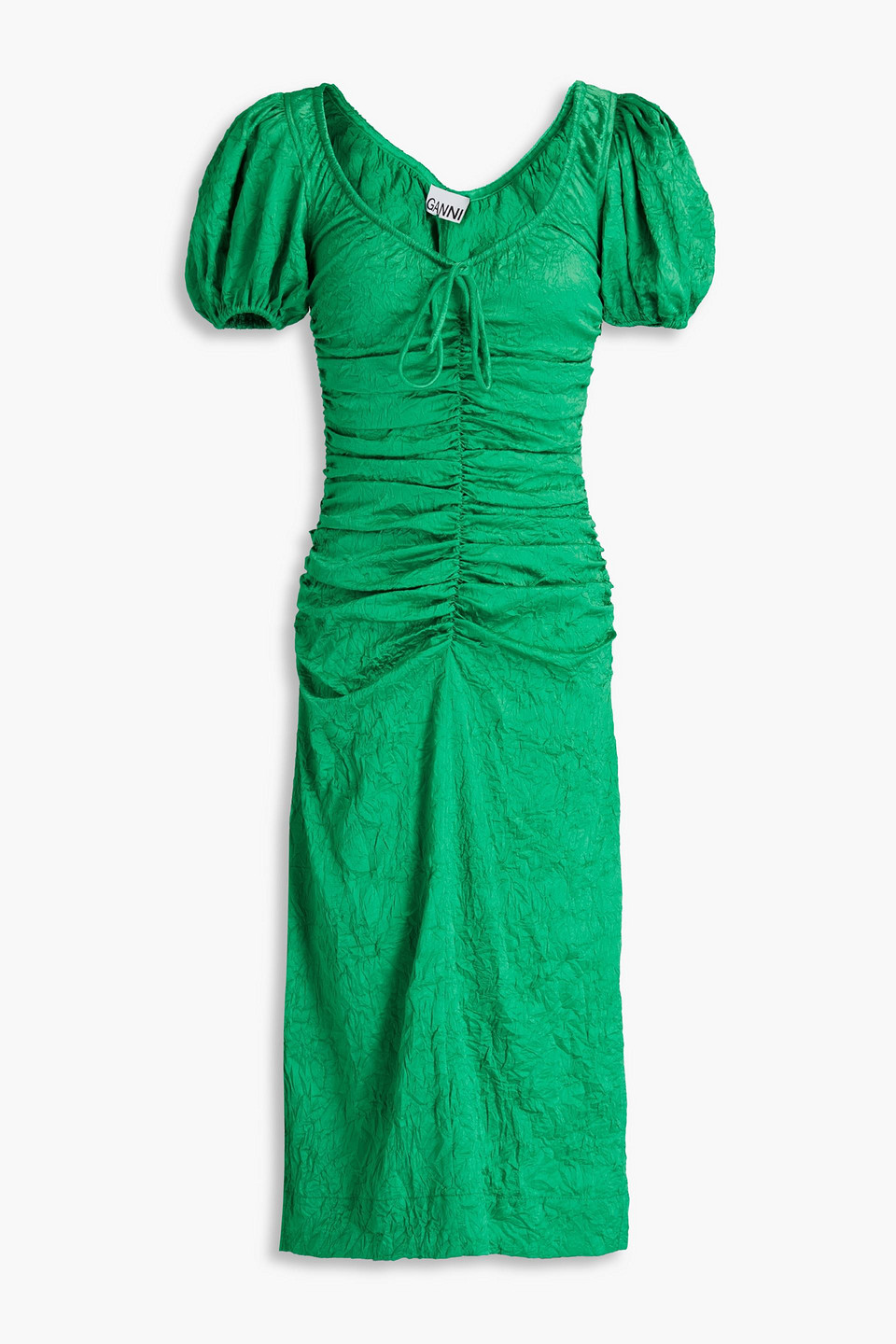 Shop Ganni Ruched Crinkled Seersucker Midi Dress In Green