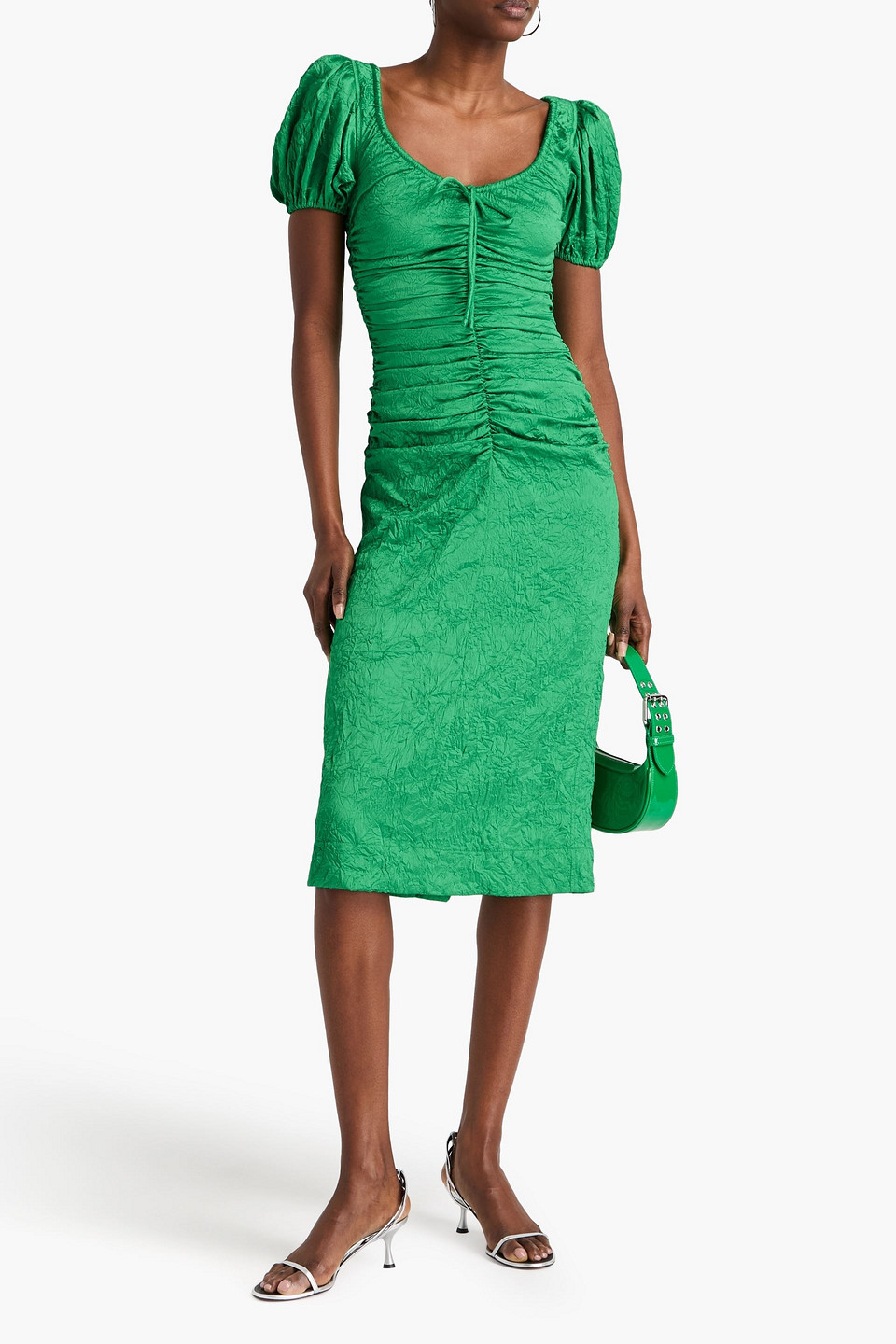 Shop Ganni Ruched Crinkled-satin Midi Dress In Green