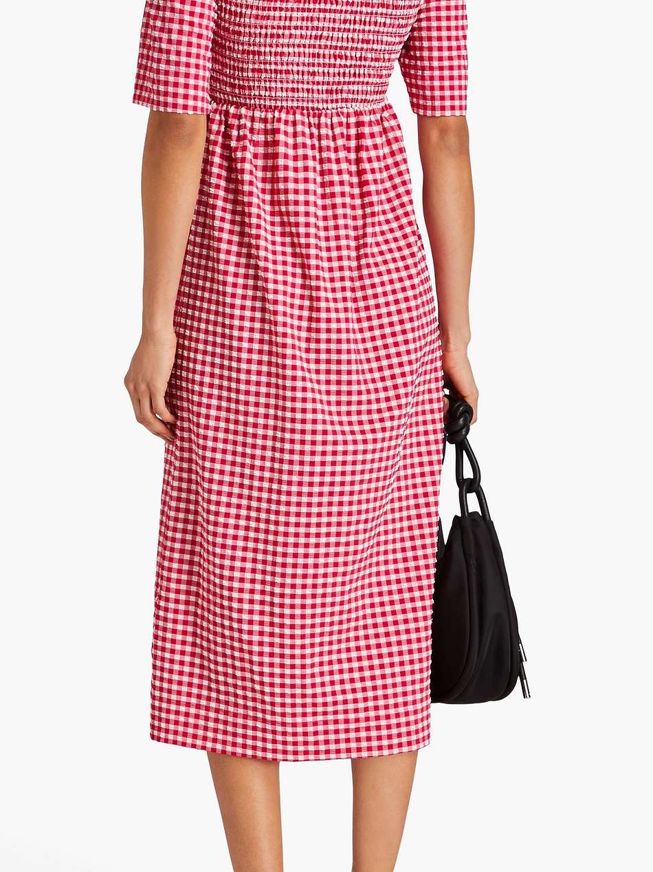 gingham shirred seersucker midi dress
