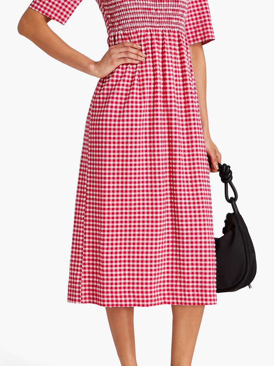 gingham shirred seersucker midi dress
