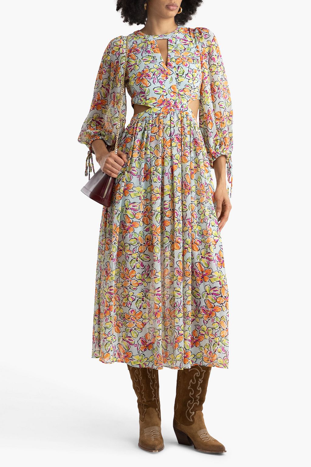 MAJE Cutout floral-print georgette midi dress