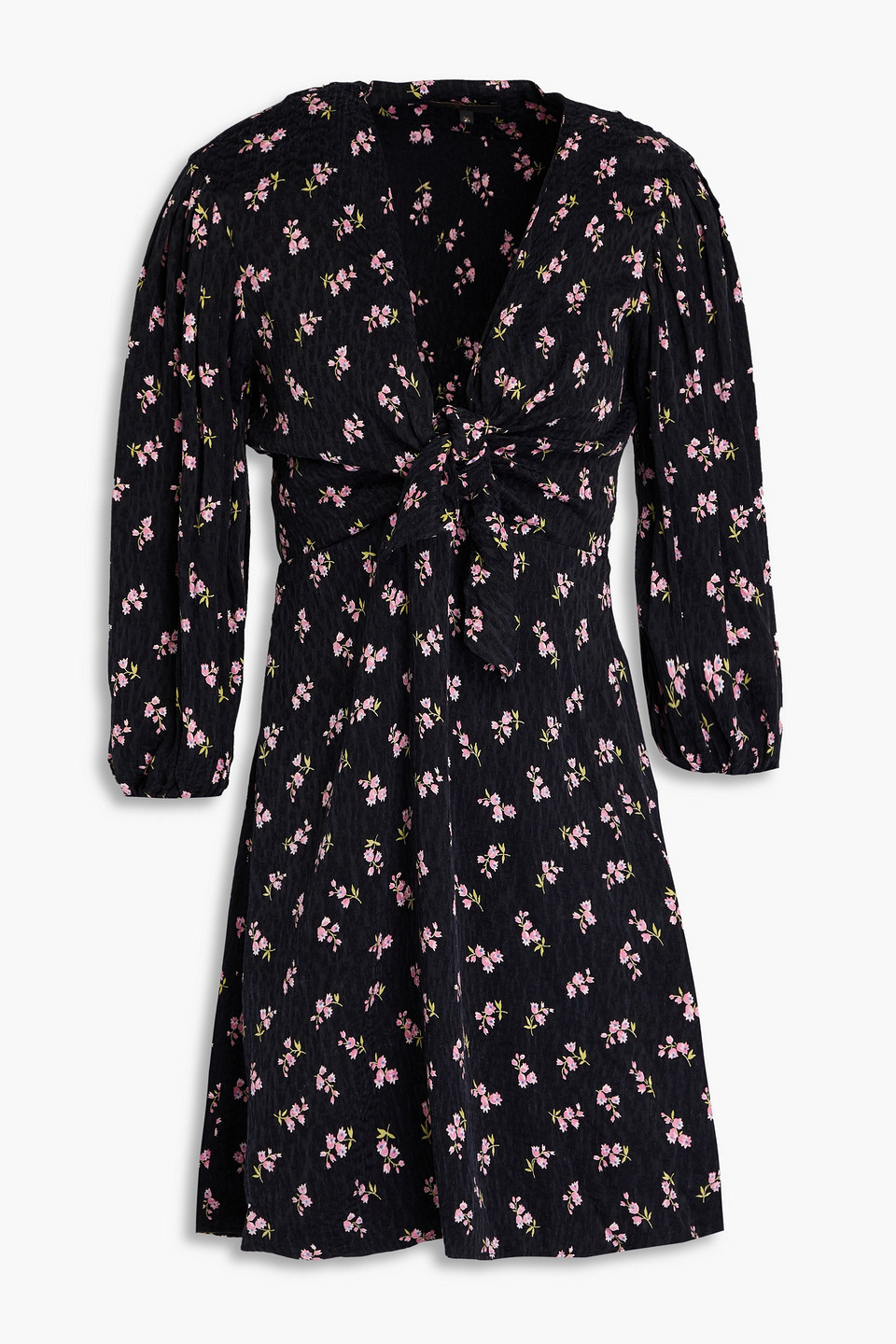 Maje Knotted Floral-print Cupro-blend Jacquard Mini Dress In Black
