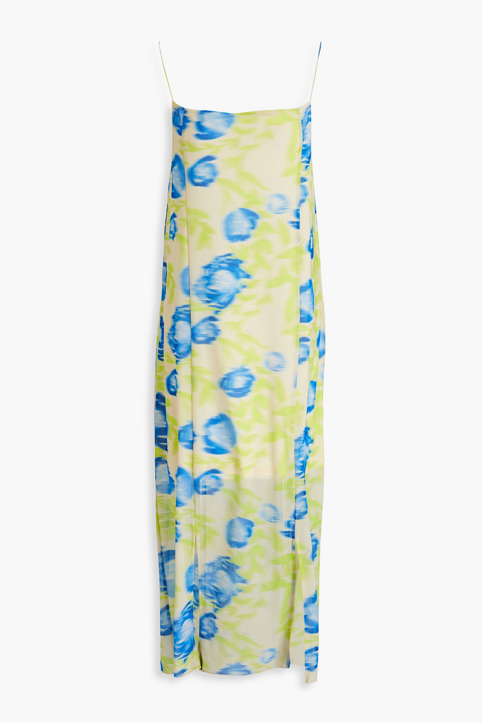 Ganni Printed Stretch-mesh Midi Dress In Blue