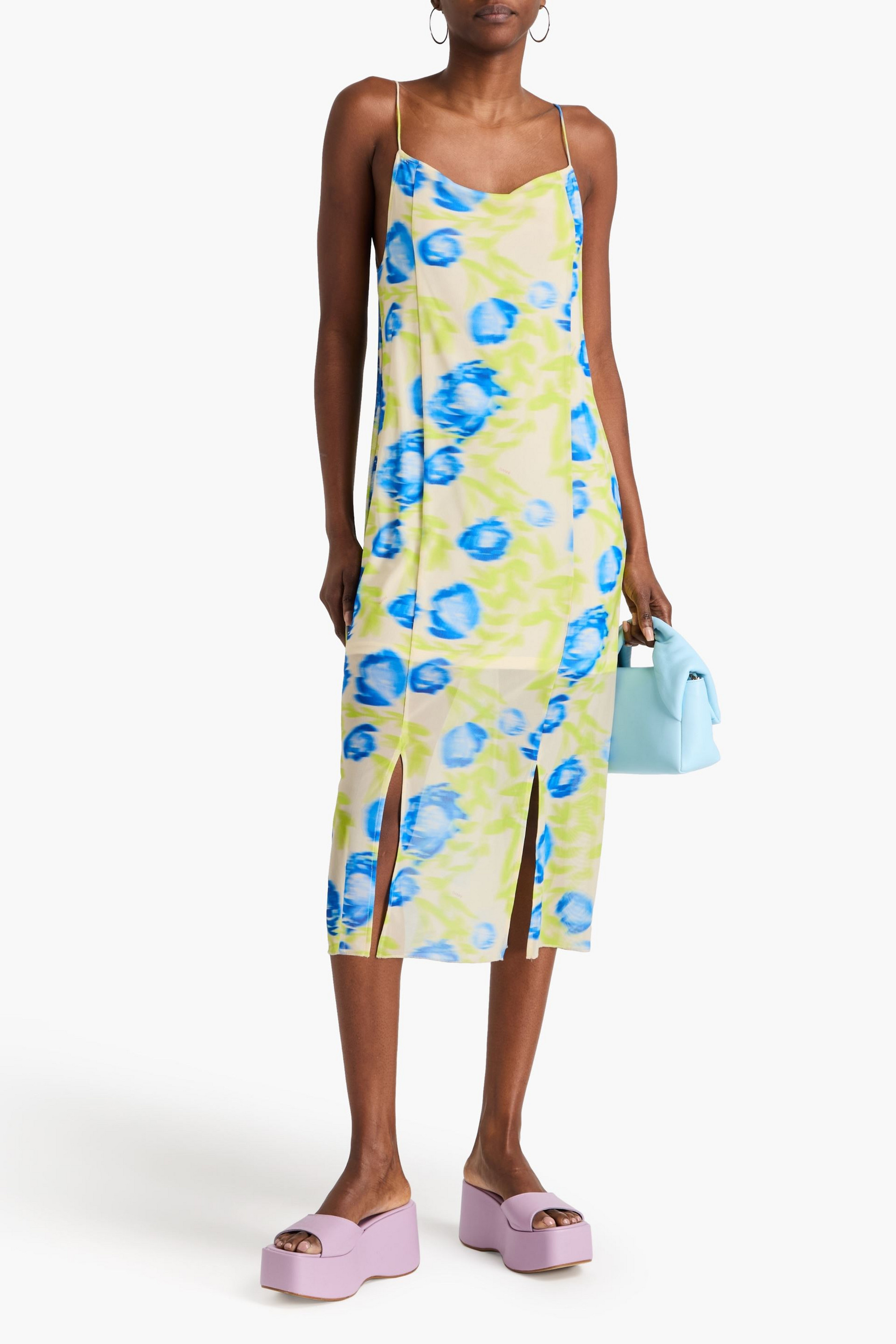 GANNI Printed stretch-mesh midi dress