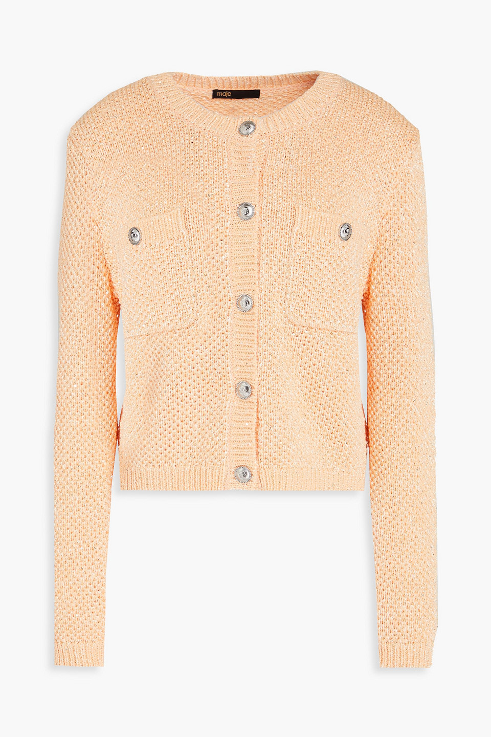 Maje Sequin-embellished Crochet-knit Cardigan In Pastel Orange