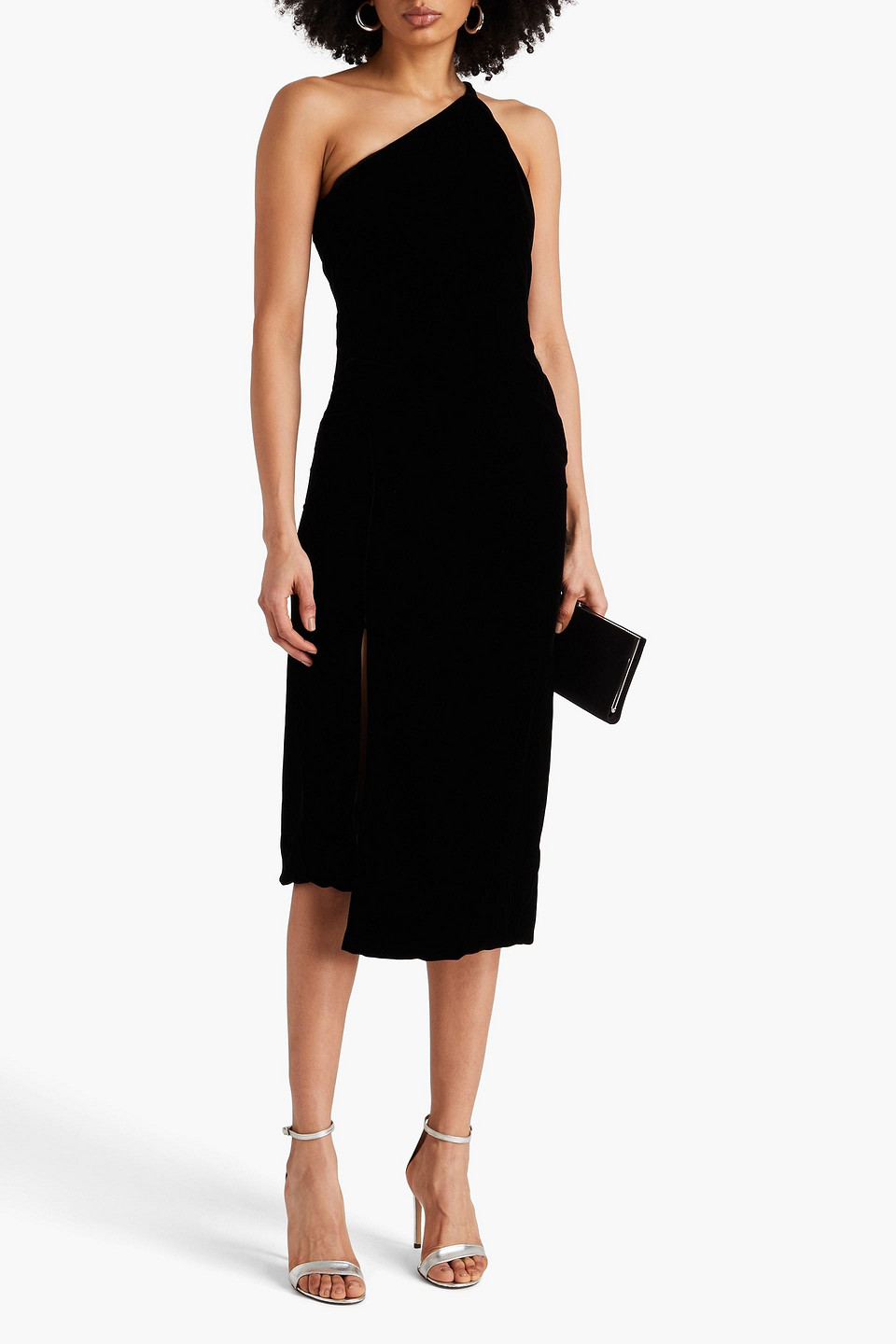 Shop Oscar De La Renta One-shoulder Cutout Velvet Midi Dress In Black