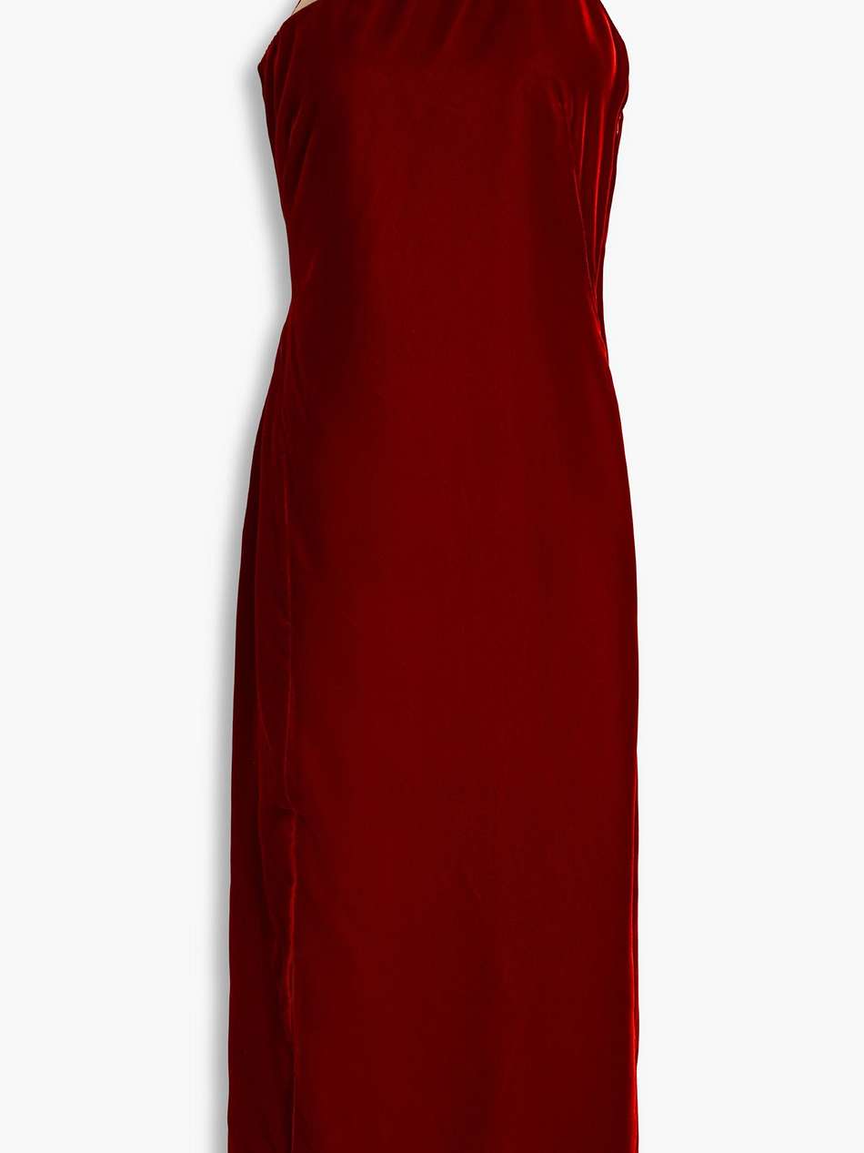 one-shoulder cutout velvet midi dress