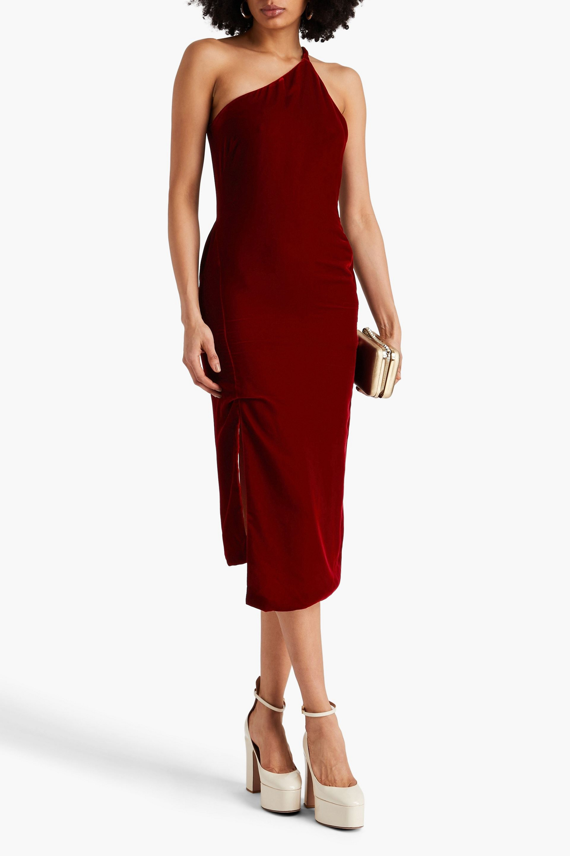 Oscar de la Renta One-shoulder cutout velvet midi dress