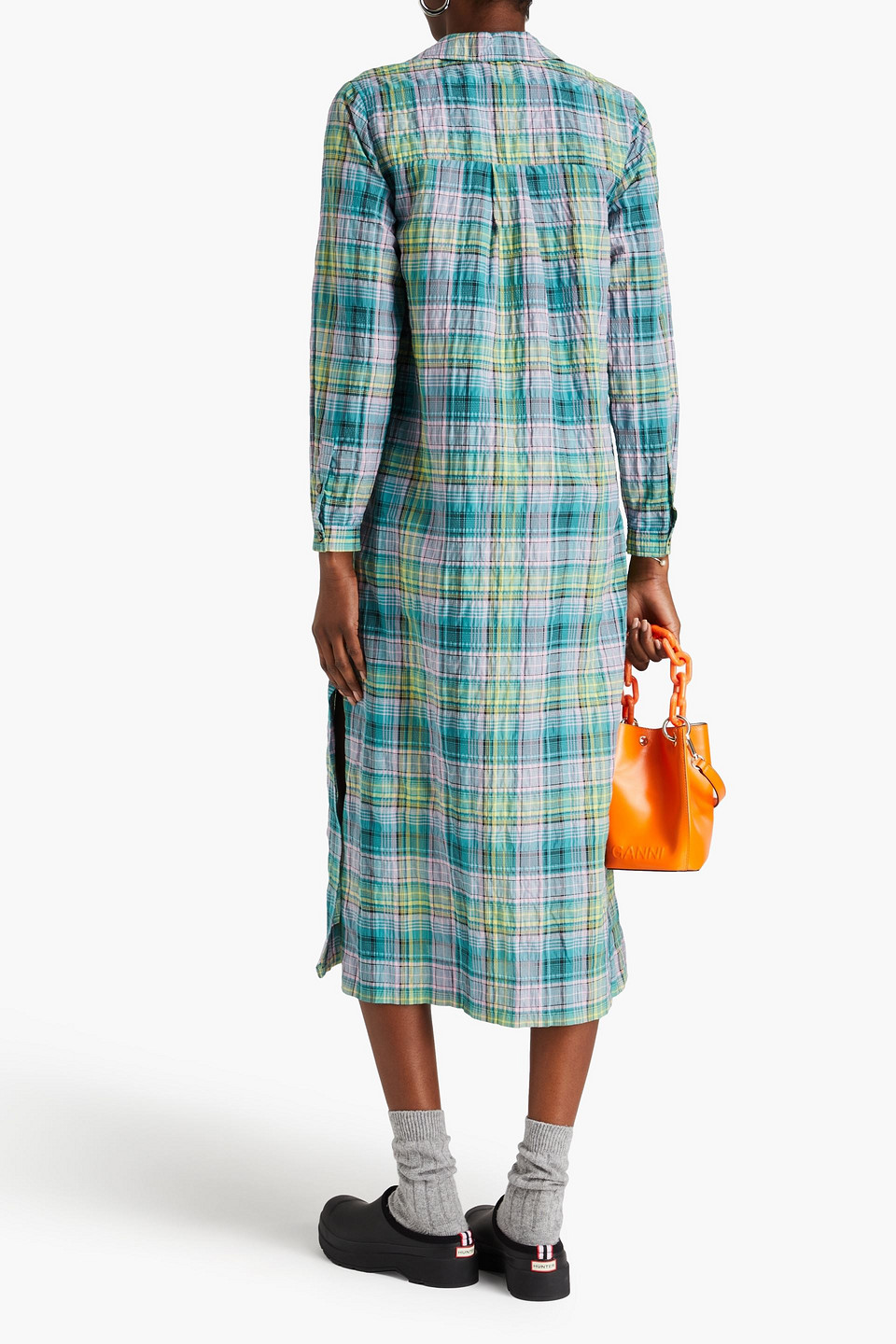 GANNI CHECKED COTTON-BLEND SEERSUCKER MIDI SHIRT DRESS